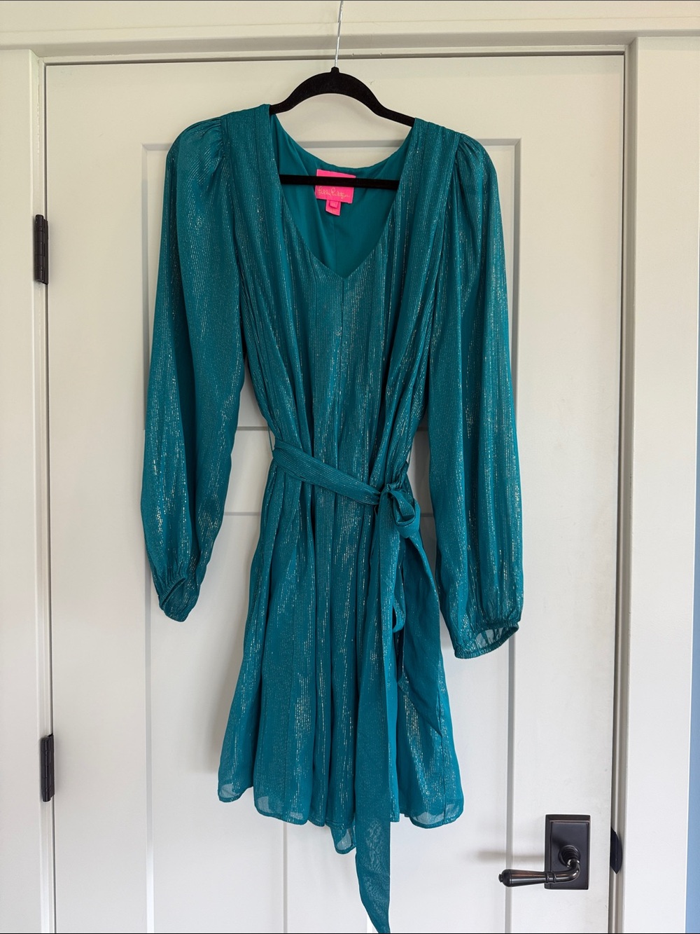 Lilly Pulitzer Kalianna Metallic Teal Long Sleeve Swing Dress - Size M